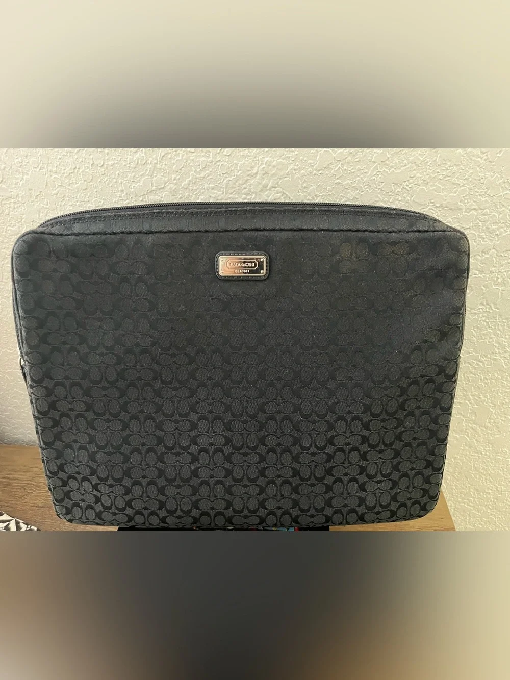 Coach Black Signature Laptop Sleeve with Logo Plaque